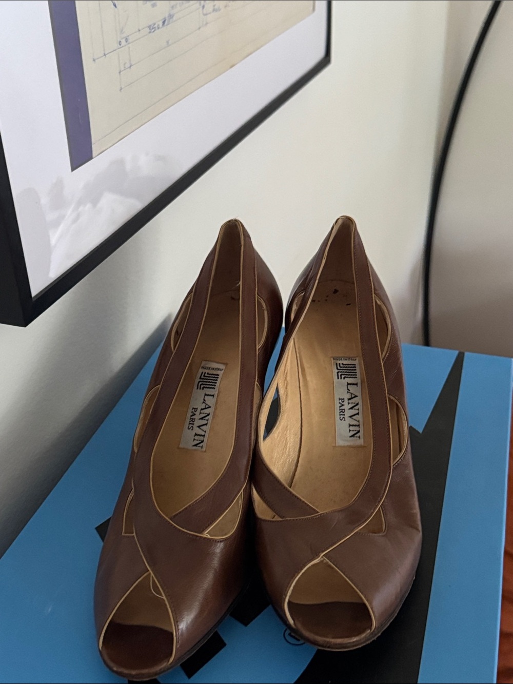 Lanvin Brown Leather Open-Toe Pumps with Contrast Piping